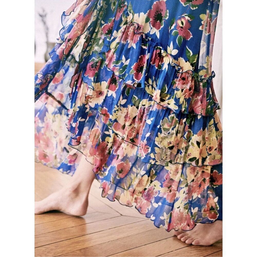 Sezane skirt Carmella blue ruffle floral maxi skirt high slit flamenco wrap